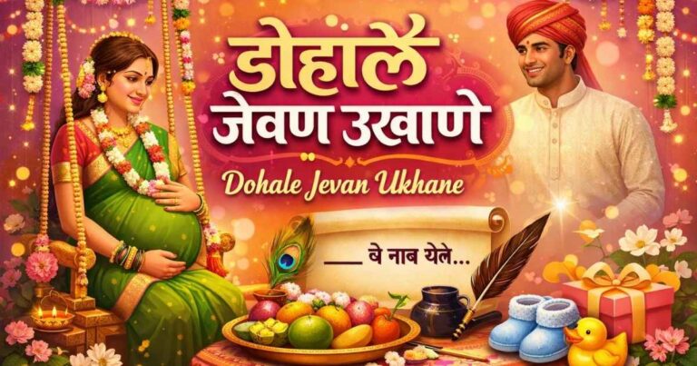 Dohale Jevan ukhane in Marathi for baby shower ceremony featuring traditional Marathi baby shower celebration with decorative elements and cultural theme.