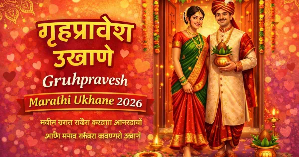 गृहप्रवेश उखाणे featured image with Marathi couple performing traditional Gruhpravesh ceremony