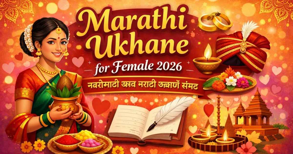 Marathi Ukhane for Female 2026 featured image with traditional bride and festive Marathi theme