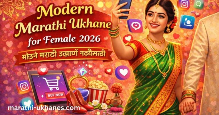 Modern Marathi Ukhane for Female featured image with stylish Marathi bride taking selfie in traditional saree