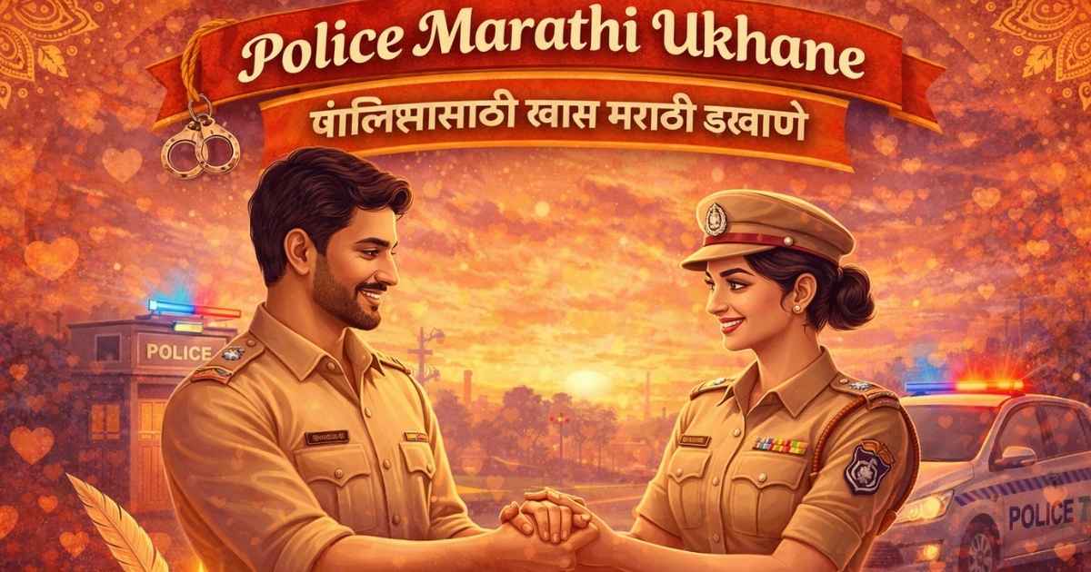 Police Marathi Ukhane illustration showing a police couple in khaki uniform representing Marathi police themed ukhane.