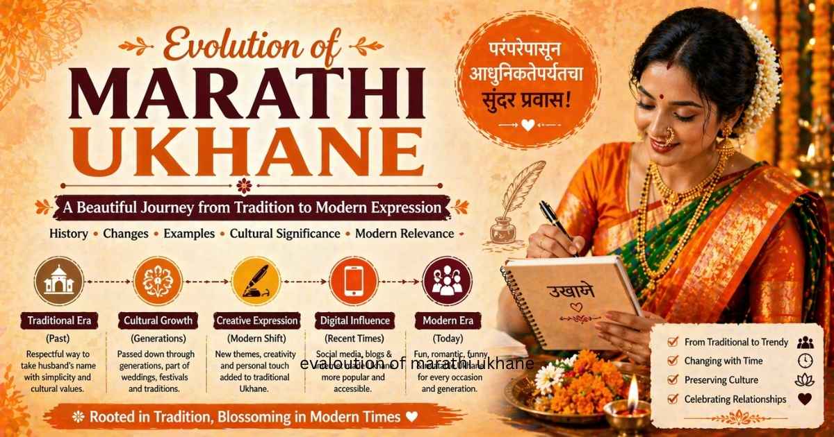 Evolution of Marathi Ukhane over time showing traditional to modern Marathi culture with orange theme illustration