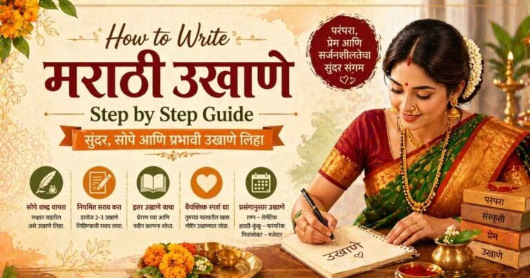 How to write Marathi Ukhane step by step with traditional Maharashtrian woman writing ukhane