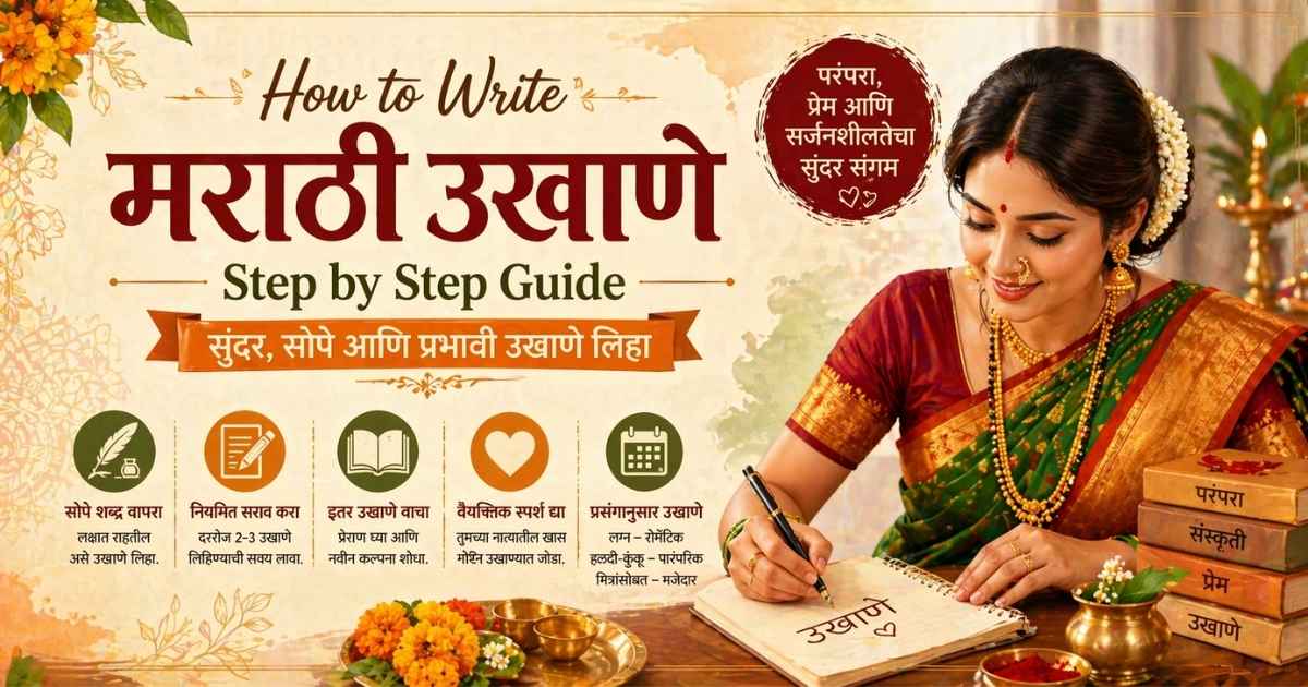 How to write Marathi Ukhane step by step with traditional Maharashtrian woman writing ukhane