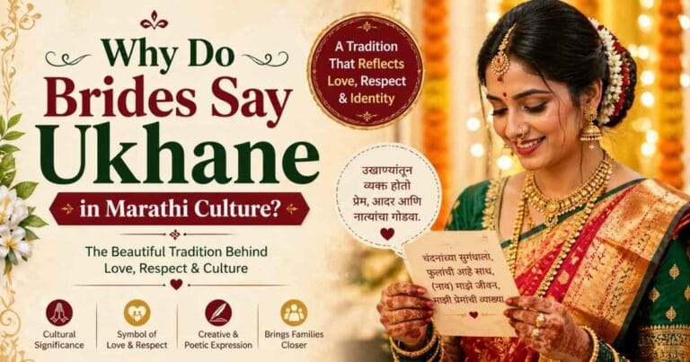 Marathi bride smiling and reciting traditional Ukhane during a colorful wedding ceremony