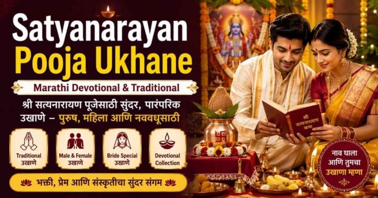 Satyanarayan Pooja Ukhane in Marathi featuring traditional Hindu couple performing Satyanarayan puja with devotional setup